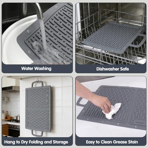 LIONROGE Large Silicone Grill Mat, Foldable Silicone Griddle Tools Spatula Mat with Drip Pad & Handle & Snap Buttons, Portable BBQ Side Shelf Mats Grill Pad for Blackstone Griddles Accessories,Gray - Image 5