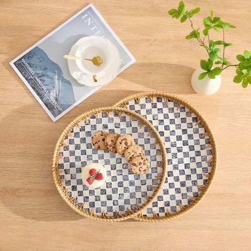 Round Rattan Tray with Mother of Pearl Inlay, Rattan Serving Tray with Wooden Base, Decorative Wicker Basket for Table Decor, Storage and Display of Coffee Bread Food Fruit (Checkerboard 13.5") - Image 2