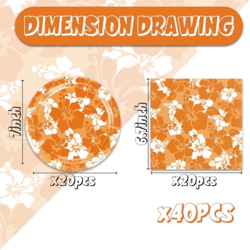 Orange Hawaiian Hibiscus Flowers Party Decorations for Kids Tropical Party Decorations 40PCS Hawaiian Flower Theme Party Plates and Napkins - Image 2