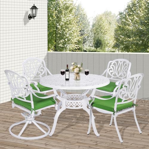 VIVIJASON 5-Piece Outdoor Patio Dining Set, All-Weather Cast Aluminum Conversation Set, Patio White Furniture Set, Include 2 Swivel Dining Chairs, 2 Stationary Chairs, 1 Round Table w/Umbrella Hole - Image 7
