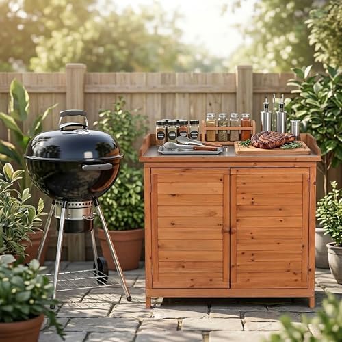 GDLF Outdoor Storage Cabinet with Work Bench, Garden Potting Table, Natural - Image 3
