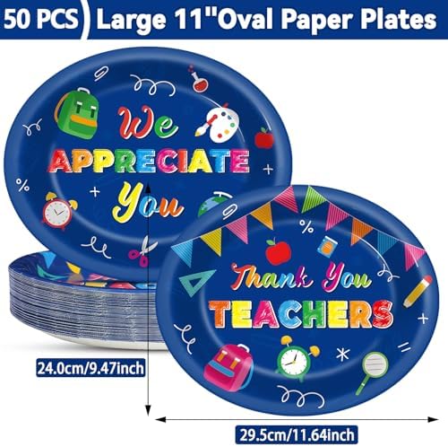 Qyeahkj 50 PCS Thank You Teachers Oval Paper Plates Large 11” Disposable We Appreciation You Party Decorations Graduation Supplies Favor Thank You Plates for Teachers Day Thankful Tableware Set - Image 2