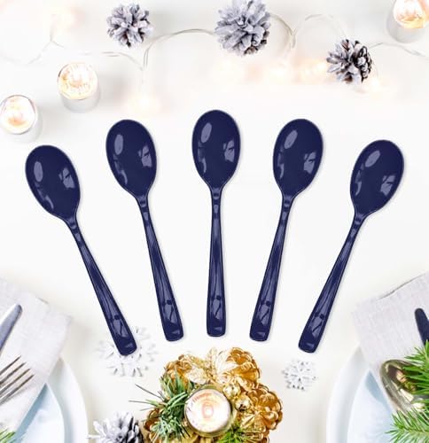 SietDESEO 50 PCS Navy Blue Plastic Spoons Disposable Utensils Heavy Duty Navy Blue Spoons Disposable Cutlery for Birthday Wedding Baby Shower Bridal Shower Plastic Silverware - Image 5