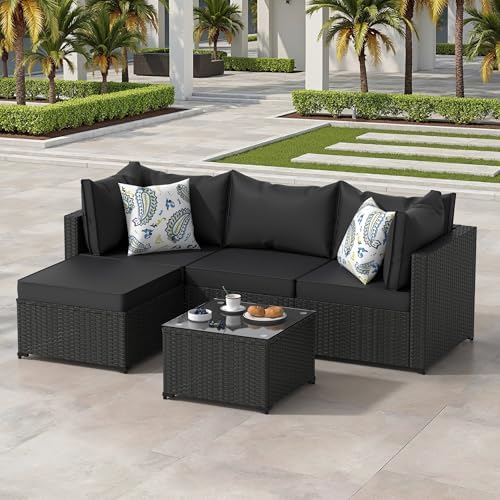Patio Furniture Set, 5PCS Outdoor Sectional w/ Ottoman & Cushion, Black by PHONJOROO