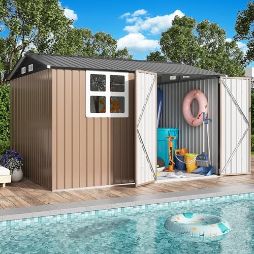 IRONCK 10x8.2FT Outdoor Storage Shed with Clear Window, Tool Shed, Brown - Image 3