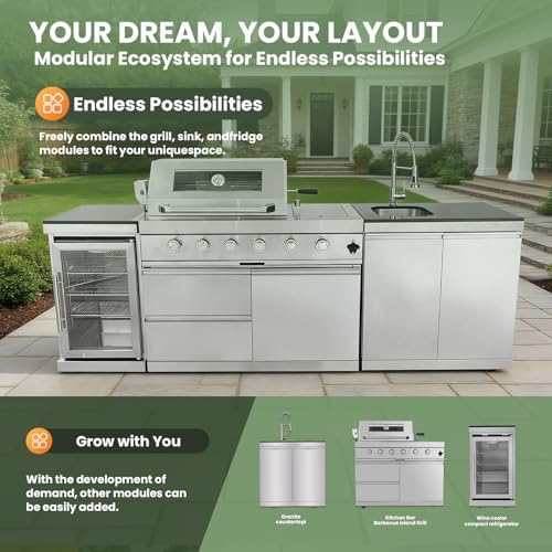 98" Rolling Outdoor Kitchen Island with Built-In 4 Burner 72,000 BTU Stainless Steel Gas Grill Featuring Rotisserie Oven,Granite Countertops,Beverage Fridge,Sink. (Silver + Fridge + Sink, Natural Gas) - Image 4