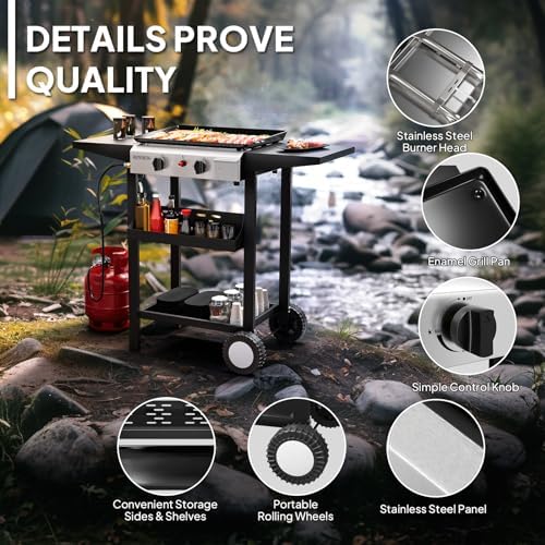 ROVSUN 2 Burner Portable Propane Griddle with Electronic Ignition, 20000 BTU Rolling Flat Top Gas Grill with Nonstick Enameled Tray, Side Shelves & Regulator for Outdoor Cooking Camping BBQ Tailgating - Image 3