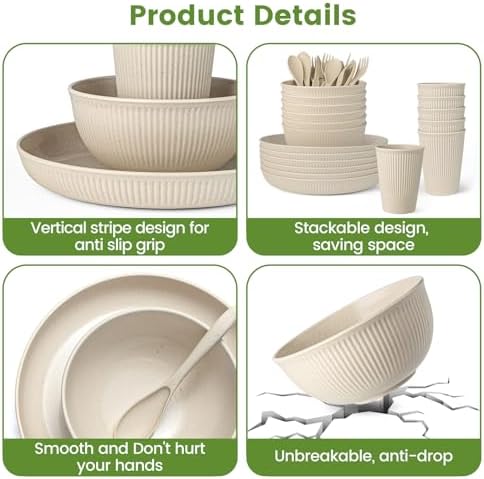 36-Piece Reusable Wheat Straw Dinnerware Sets for 6, Farielyn-X Unbreakable Reusable Set Kitchen Cups, Plates, Bowls Sets & Cultery Dishwasher Microwave Safe - Patio, Outdoors, RV, Camping Dishes - Image 4