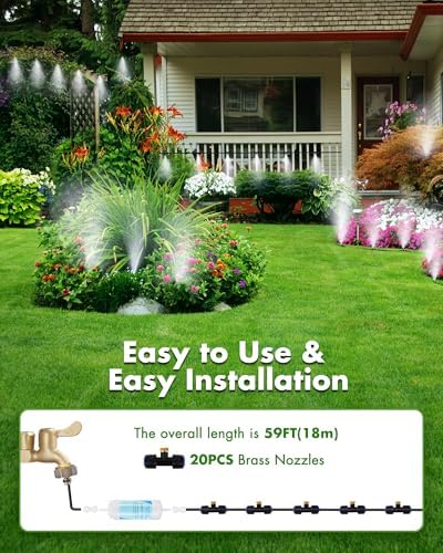 Misters for Outside Patio with Water Filter - 59Ft(18M) Misting system Line 20 Brass Mist Nozzles Brass Adapter(3/4") Patio Misters for Cooling Outdoor Greenhouse Backyard Porch Garden BBQ Party Pool - Image 5