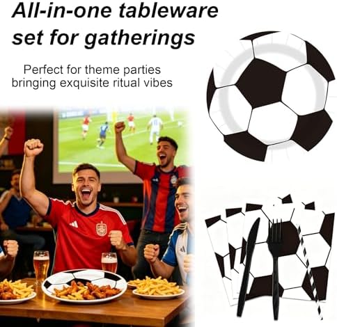 Autumn Football Games Party Supplies Set,Disposable Tableware Kit - 20 Plates, 20 Soccer Printed Napkins, 20 Forks & Knives, 20 Soccer Printed Straws, Essential for Watching Games & Gatherings(20sets) - Image 3
