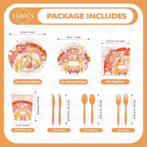 168Pcs Five Is a Vibe Birthday Party Decorations Groovy 5th Birthday Plates and Napkins Hippie Daisy Tableware Set for Girls Boho 5 Years Old Party Supplies Serves 24 - Image 4