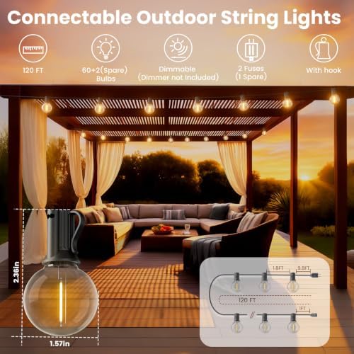 RTTY 120 FT Outdoor String Lights Waterproof, Patio Light 62 LED Bulbs - Image 2