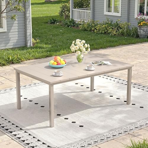 Outdoor Dining Table for 6, 63" Rectangle Outdoor Table with Adjustable Umbrella Hole, All-Weather Metal Patio Dining Table for Lawn Garden Backyard Deck, Sandshell by ProvideOutdoorSolutions