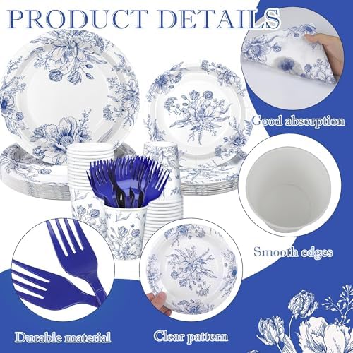 Kochorie 144 Pieces Blue and White Flower Print Party Tableware Sets Including Disposable Plates Napkins Cups Forks Serves 24 for Wedding Birthday Baby Shower Party Supplies - Image 3