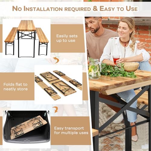 NAFORT 6FT Picnic Table Set, 3-Piece Folding Beer Table & Bench, Portable Wooden Picnic Tables for Outdoors Dining Table Set w/Metal Frame for Patio Garden - Image 4