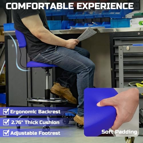 Rolling Shop Stool with Wheels, Garage Mechanic Stool Chair with Backrest, Height Adjustable Heavy Duty Swivel Task Chair, Adjustable Footrest with Storage Tray for Garage Kitchen Salon Tattoo (Blue) - Image 4