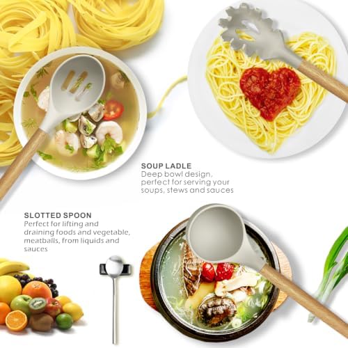 oannao Silicone Cooking Utensils Set - 446°F Heat Resistant Silicone Kitchen Utensils for Cooking,Kitchen Utensil Spatula Set w Wooden Handles, BPA FREE Gadgets for Non-Stick Cookware (Khaki) - Image 2