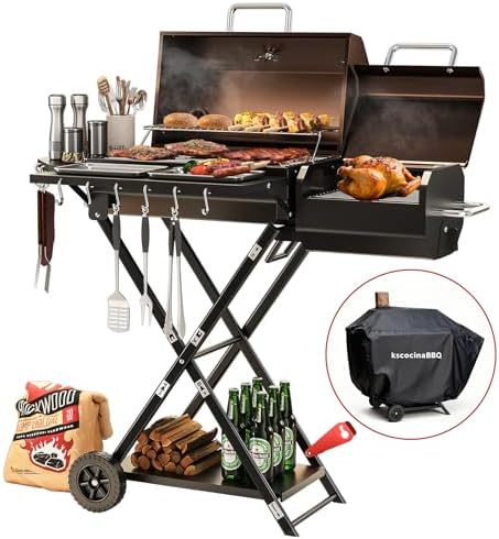 Portable Charcoal Grill with Smoking Function, Foldable Suitcase Design with Wheels, Multi-Tier Storage Rack & Waterproof Cover for Outdoor BBQ Parties (Khaki) by Unknown