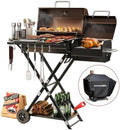 Portable Charcoal Grill with Smoking Function, Foldable Suitcase Design with Wheels, Multi-Tier Storage Rack & Waterproof Cover for Outdoor BBQ Parties (Khaki) by Unknown