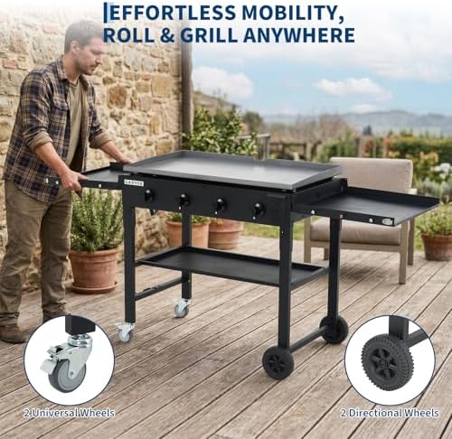 Heavy-Duty 4-Disposable Propane Gas Griddle Grill – 36" Outdoor Flat Top Teppanyaki BBQ with Cast Iron Plate, 60,000 BTU, Collapsible Shelves & Wheels – Patio, Camping, Commercial - Image 5