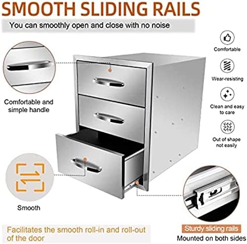 Stainless Steel Outdoor Kitchen BBQ Island Drawers with Handle, Flush Mount Triple Access, 18Wx23Dx24H - Image 5