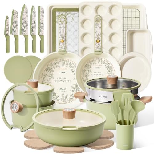 CAROTE 42pcs Ceramic Cookware Set, Pots and Pans Set with Detachable Handle by CAROTE