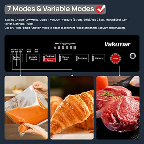 Vakumar Vacuum Sealer Machine, 90Kpa Liquid Food Vacuum Sealer Machine Preservation Dry/Moist/Liquid Modes, LED Indicator Light, Handle Locked Design, Built-in Cutter and Bag Storage, Starter Kit - Image 2
