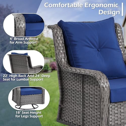 Wumiokio Patio Furniture Sets, 3 Pieces Wicker Outdoor Furniture - 360 Degree Swivel Rocking Chairs and Rattan Side Table for Garden,Porch,Backyard (Grey Wicker/Blue Cushion, 3PCS - Swivel Chairs) - Image 5