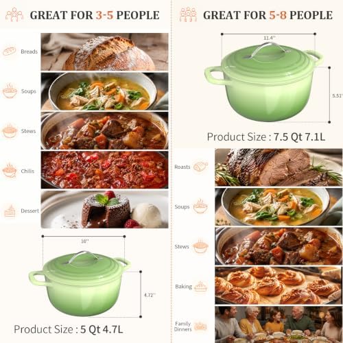 Winado 7.5 Qt Enameled Cast Iron Dutch Oven Pot with Lid, Green Ombre - Image 4