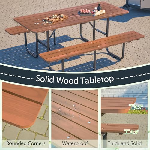 72" Rectangular Outdoor Picnic Table - 6 Person Brown Wooden Dining Set with Built-in Benches, Ideal for Garden BBQ & Courtyards - Image 5