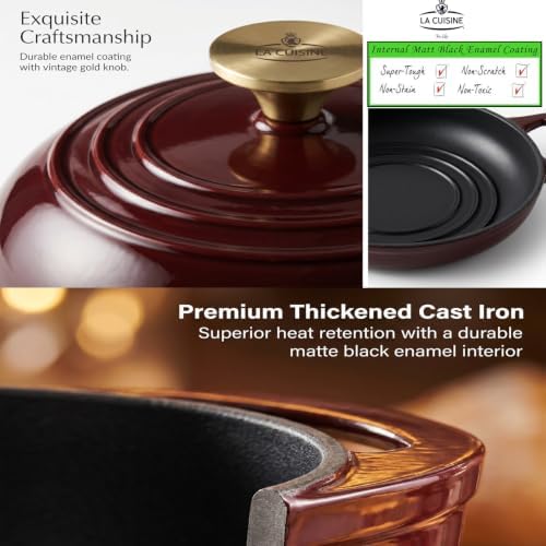La Cuisine Enameled Cast Iron Round Bread Dutch Oven for Sourdough Crusty Bread & High‑Heat Baking. Oven-Safe 550°F/287°C, Internal Matte Black Enamel Coating, 5 QT, Cranberry - Image 7