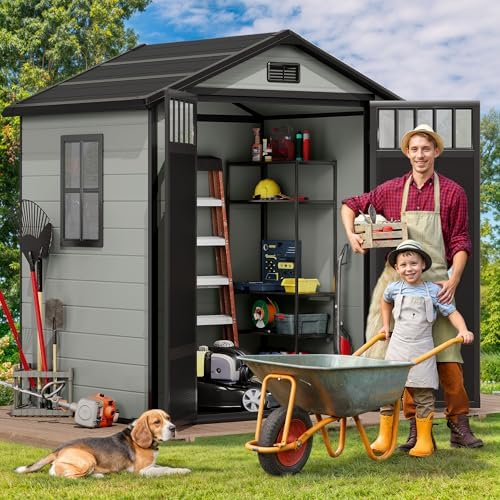 DWVO 6x4.4 FT Resin Storage Shed with Fence-Style and Side Windows, Lockable Door, and Vents for Garden, Backyard, Patio, Lawn, Blue-Gray - Image 3