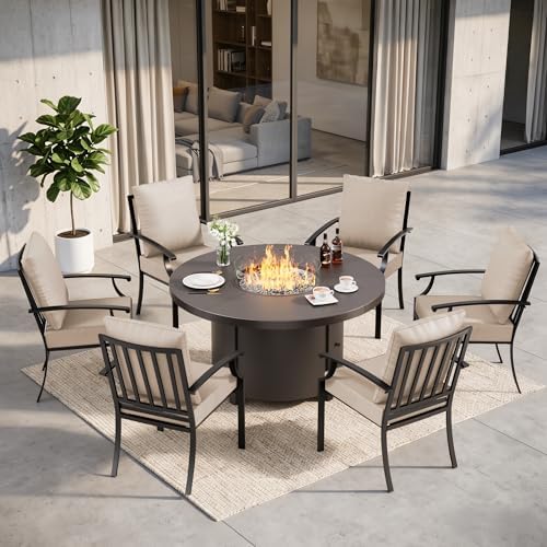 7 Pieces Outdoor Patio Furniture Set with 48" 55000 BTU Round Propane Fire Pit Table,Patio Dining Set Outdoor Conversation Sets 6 Chairs for Deck,Backyard and Garden,Brown by RTDTD