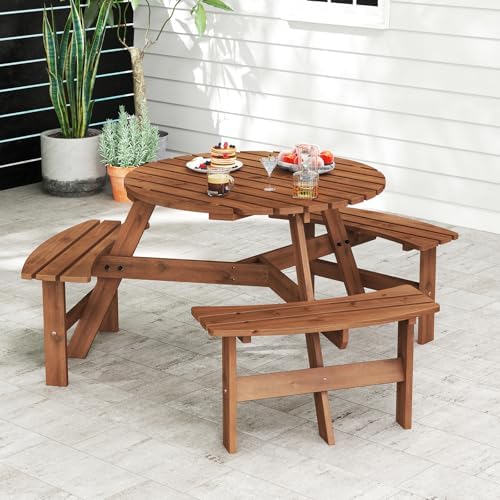 GIANTEX 6-Person Round Picnic Table Set with 3 Benches, 550 LBS Bench Capacity, 2" Umbrella Hole, Circular Outdoor Wood Dining Table & Chairs for Patio Yard Garden Porch Deck (68”x62”x28”,Brown) - Image 3