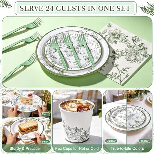 144 Pcs Sage Green Floral Tableware Set for 24 Guests - Image 6