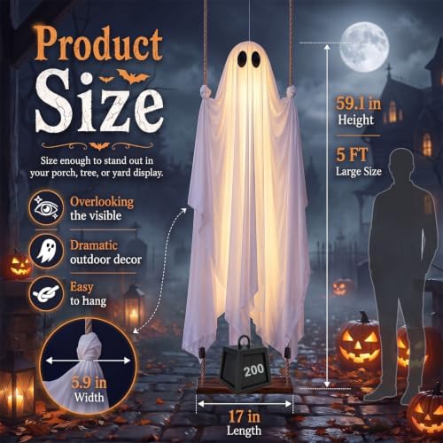Halloween Decorations Outdoor, 5 FT Hanging Swing Ghost with String Lights​​, Light Up Large Spooky Cute Decor Kit, Scary Party Decoration for Outside, Garden, Yard, Lawn, Home - Image 2