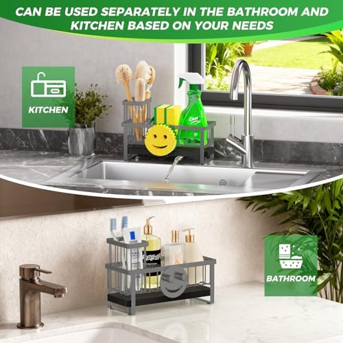 Sponge Holder for Kitchen Sink,Sink Caddy with Removable Dish Brush Holder,Self-Draining Kitchen Countertop Organizers and Storage Essentials,Soap Dispenser Organize and Home Decor-Gray - Image 6