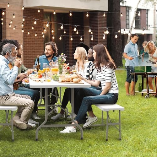 VINGLI Picnic Table Set with 2 Benches, 6 Feet Camping Table Chair Set,3-Piece Folding Furniture for Indoor or Outdoor Use, Smooth Tabletop, White (Pack of 2) - Image 7