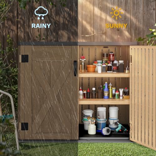 DWVO Outdoor Storage Shed, Weatherproof Resin, 35 Cu Ft Capacity, Horizontal Design, X-Shaped Lockable Door, Suitable for Bike, Garden Tools, Trash Cans, Brown - Image 3