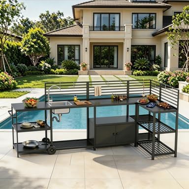LEVELEVE Modular Outdoor Kitchen Island 5-Piece Set, Aluminum Outdoor Kitchen Cabinets Prep Station with Sink, Built-in Storage & Shelves for Patio, Backyard & Deck by Enjoyyourlife
