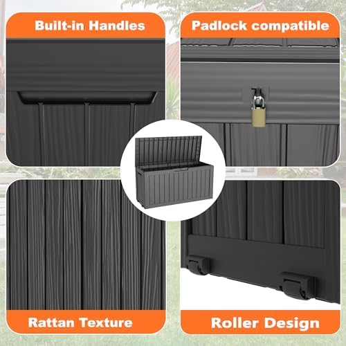 ROJIK Outdoor Storage Box with Wheels,75 Gallon Waterproof Resin Deck Box, Lockable Storage for Patio Cushions,Garden Tools,Pool Accessories,UV-Resistant Storage Bench for Backyard & Deck（Black） - Image 5