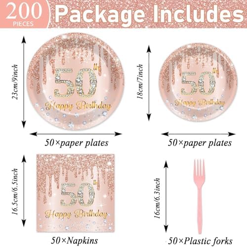 CHUNNIN 200 PCS Happy 50th Birthday Party Plates Napkins Pink Rose Gold Tableware Set for Women 1976 Decorations Dessert Plates Forks Serve 50 Guests for Girls 50th Birthday Party Supplies - Image 2