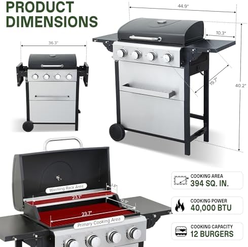 4-Burner Propane Gas Grill with Folding Side Tables, 40,000 BTU - Image 2