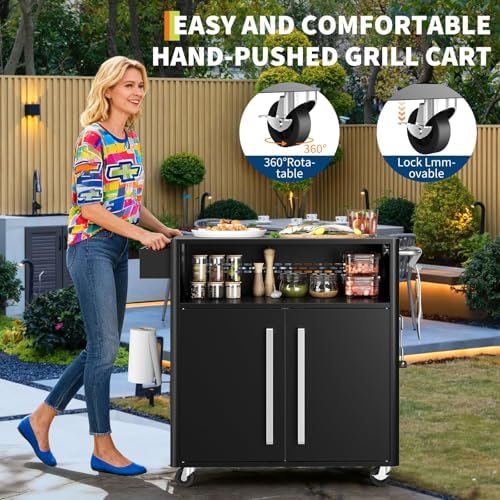 Heavy-Duty 2-Tier Outdoor Kitchen Island with Locking Wheels – 883 sq.in. Prep Space, 304 Stainless Steel Top, Magnetic Double-Door BBQ Cabinet for Grilling Table & Patio Cooking Station - Image 7