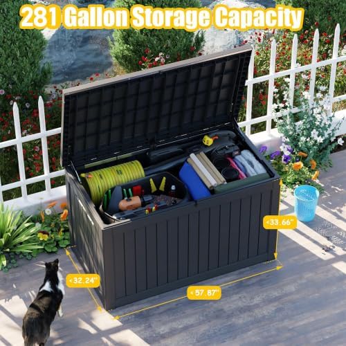 PatioZen 281 Gallon Outdoor Deck Box,Waterproof Resin Outdoor Storage Boxes, Outside Storage Lockable Container for Garden Tools,Indooor Cushions,Accessories (Black) - Image 2