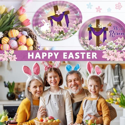 Qyeahkj 50 PCS He is Risen Oval Paper Plates Large 11” Disposable Jesus Cross Easter Party Decorations Spring Lily Floral Supplies Favor for Religion Christ Party Tableware Set - Image 3