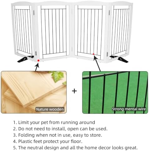 ZJSF Freestanding Dog Fence Indoor, Foldable Dog Gate for Doorways, Stairs or Hallways, Sturdy Wood Extra Wide Pet Gate with Support Feet for The House, White, 32 "Height-4 Panels - Image 6