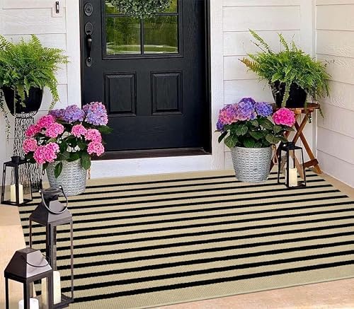 BUAGETUP Washable Outdoor Rug 3'x5'Black and Tan Striped Porch Rug Area Rug - Image 6
