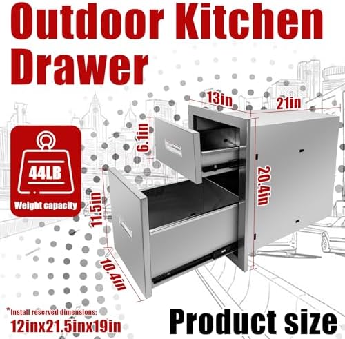 Outdoor Kitchen Double Layer Drawer 13'' W x 20.4'' H x 21'' D Flush Mount BBQ Access Drawers Stainless Steel BBQ Island Drawers with Handle Suitable for Outdoor Kitchen Island Grill Station - Image 3