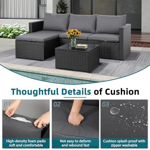 SUNLEI Patio Furniture Set with Detachable Soft Cushions, Outdoor PE Rattan Patio Conversation Sofa Set, 3-Piece Patio Sectional Sofa with Glass Coffee Table (Black Rattan&Charcoal) - Image 4